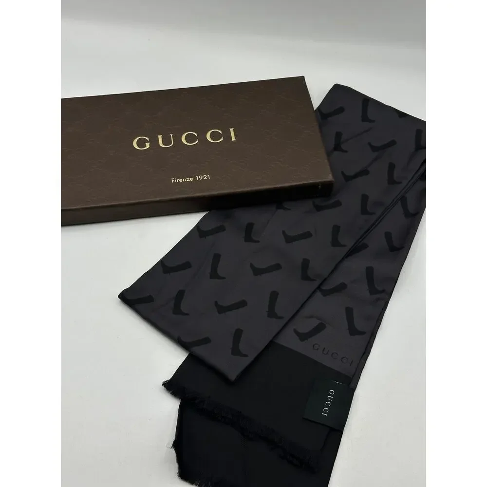 GUCCI Silk Cowboy Print Fringe Scarf Ascot Twilly Black Gray 53